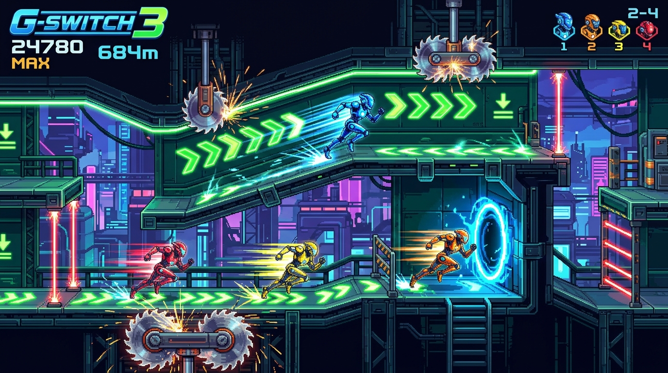 G Switch 3 Gameplay - Robot runner dodging deadly sawblades in G Switch Unblocked